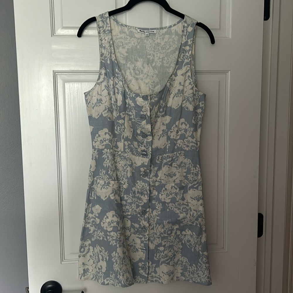 Reformation, Jill Linen Dress in print Porcelain, blue and white, size 4